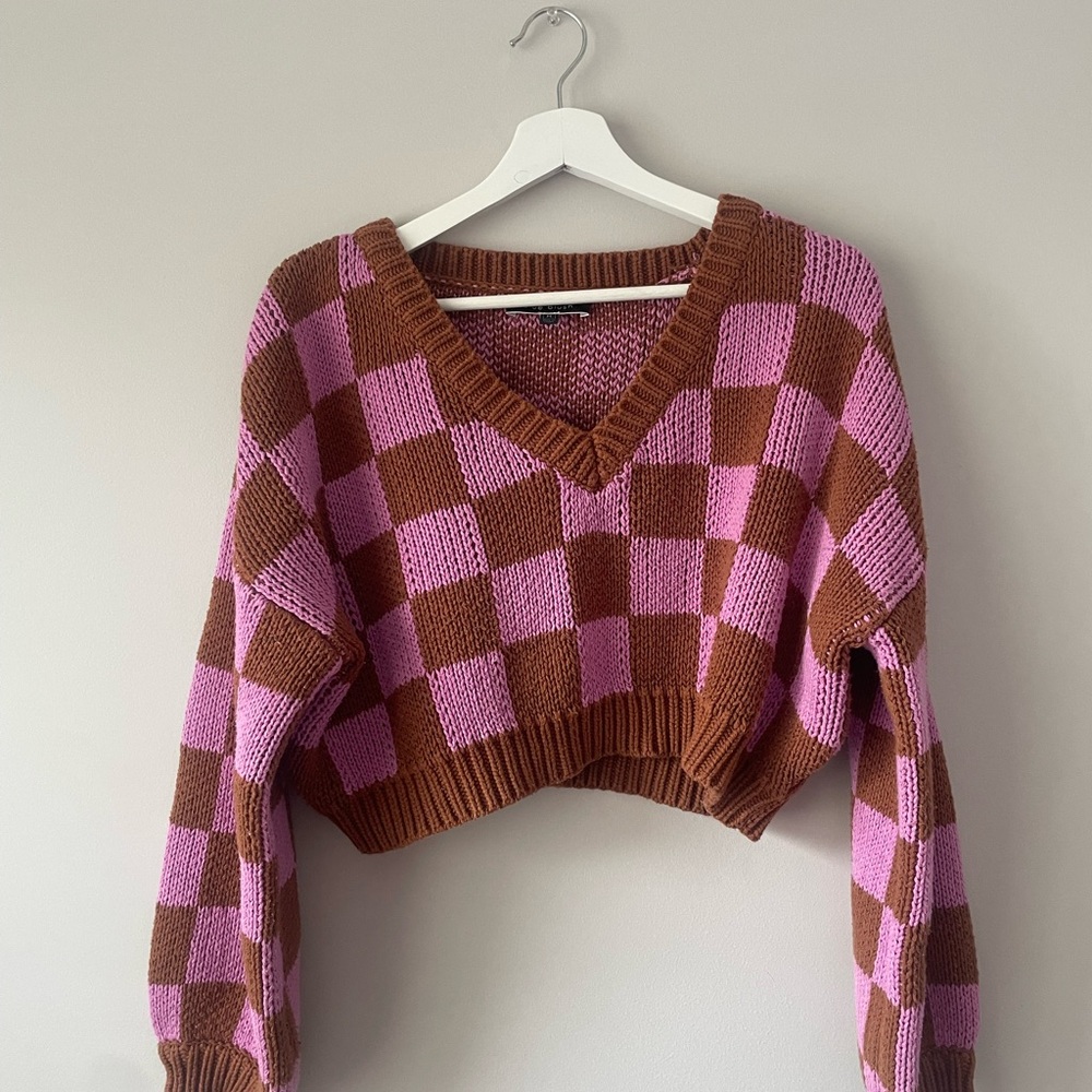Blue Blush Checkered Knit Sweater - Pink and Brown